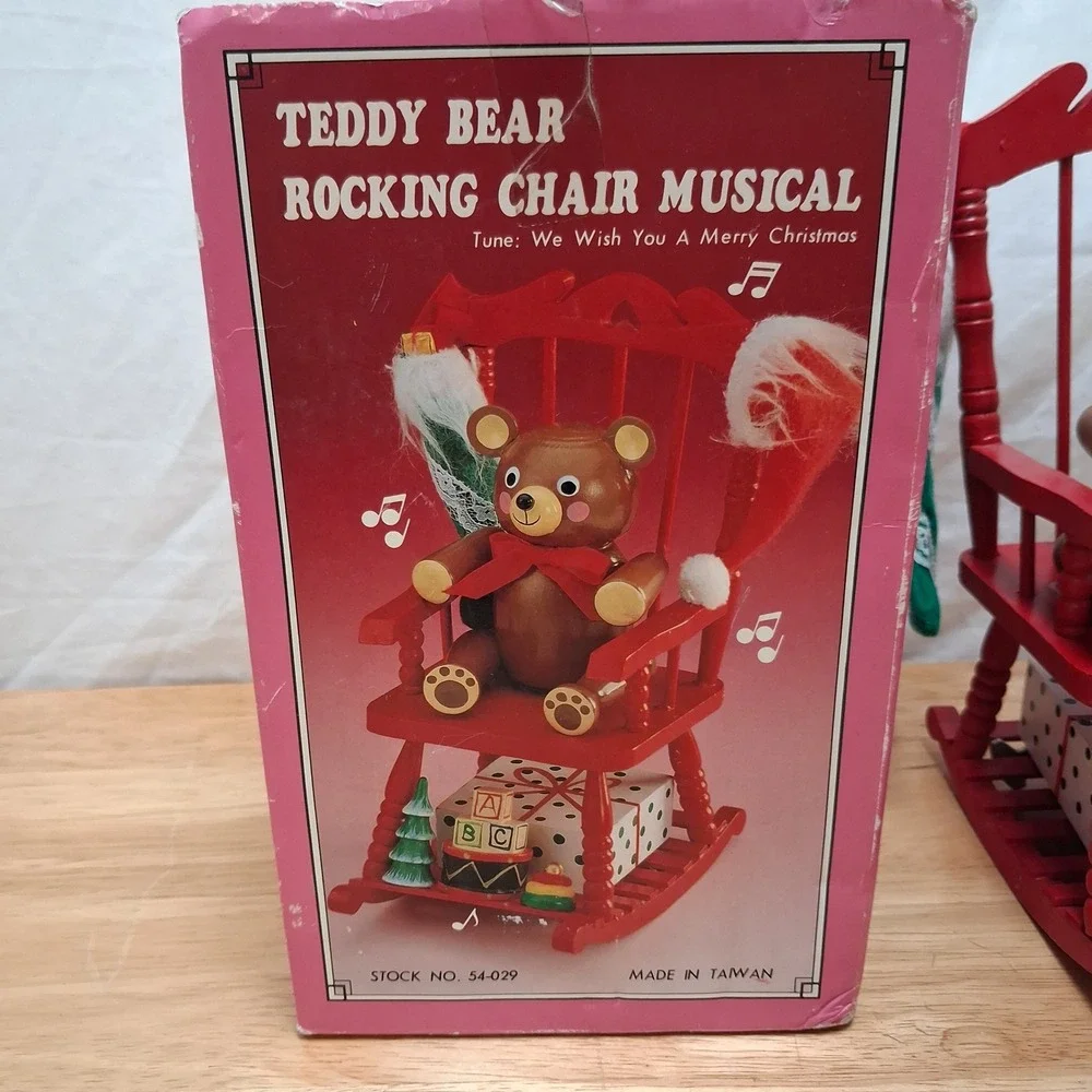 Vintage Teddy Bear Rocking Chair Musical Christmas Decor Red OS Good Pre-owned